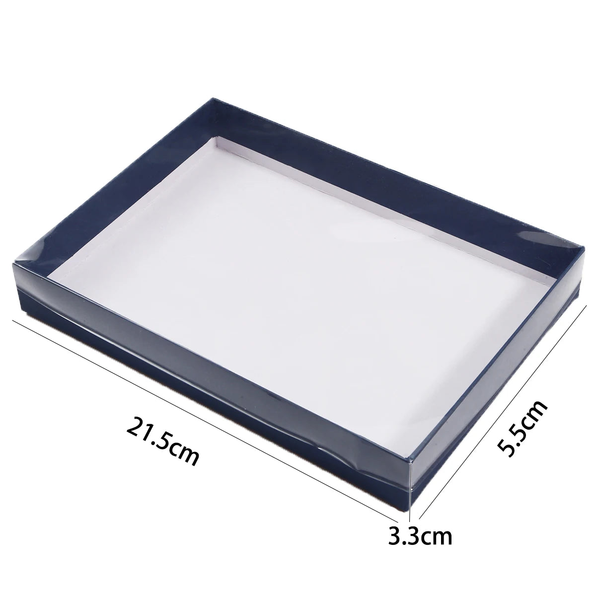 A rectangular blue acrylic tray with measurements indicating its size.