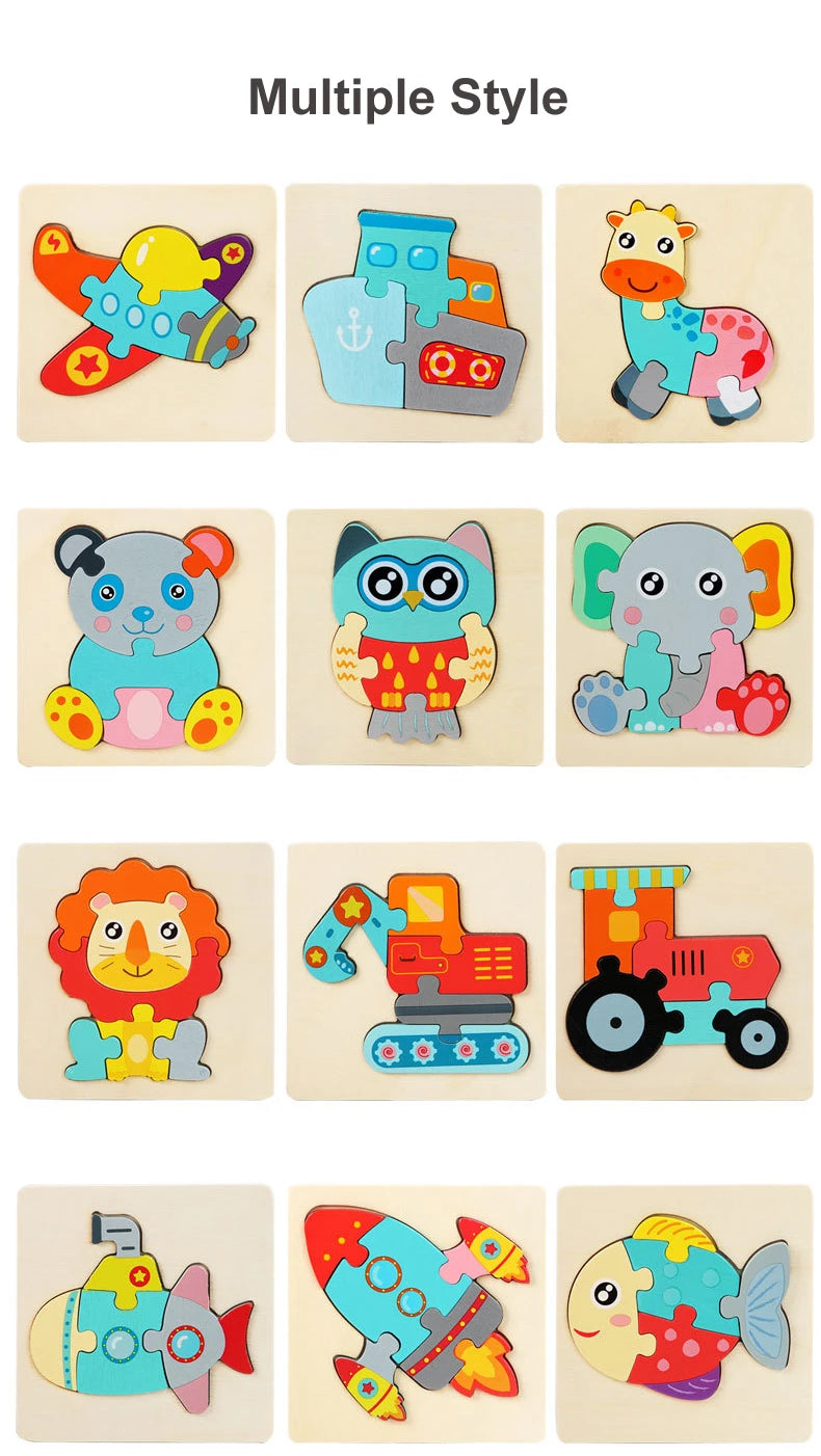 A set of multiple style cartoon animal 3D wooden puzzles for kids early learning