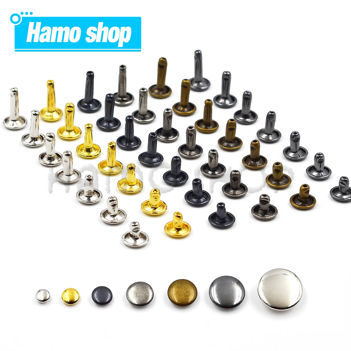 A collection of metal double cap rivets in various sizes and finishes for leathercraft and repairs.