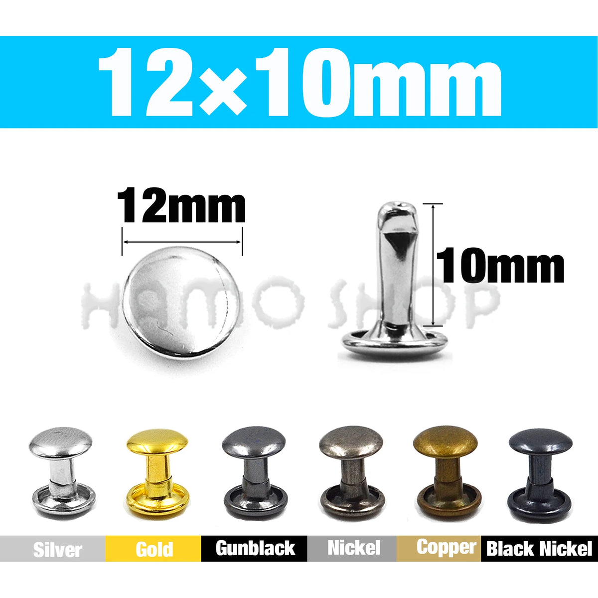 A set of 12x10mm metal double cap rivets in various finishes including silver, gold, gunblack, nickel, copper, and black nick