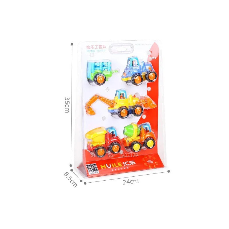 A set of four colorful kawaii mini construction vehicle toys in various colors and designs.