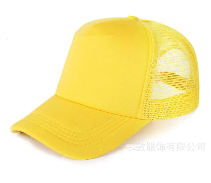 Yellow trucker hat with a mesh back and a curved brim.