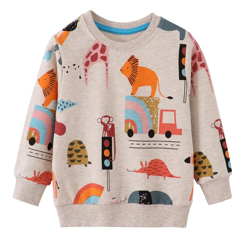 A light gray kids pullover sweatshirt featuring a colorful print of various dinosaurs and animals.