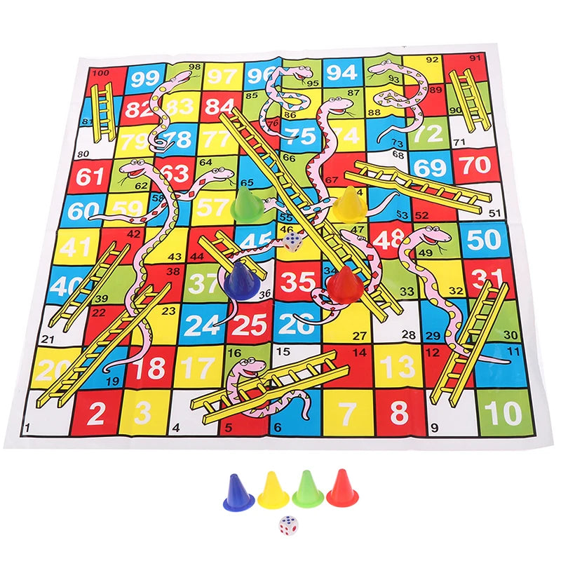 A colorful Snakes and Ladders board game layout with numbered squares, ladders, and snakes, and several game pieces.