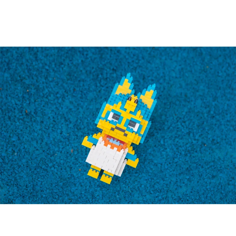 A yellow and blue building block figure resembling a fox or canine character is shown against a blue background.