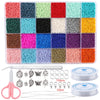 A variety of colored glass seed beads in various shades are displayed in a grid, along with pliers and storage containers for