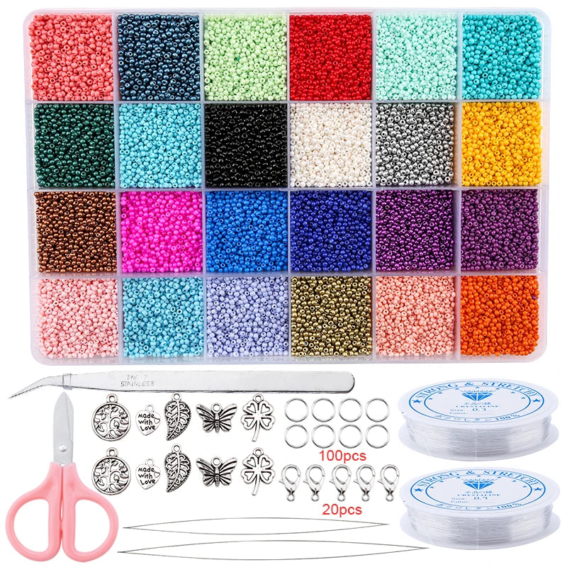 A variety of colored glass seed beads in various shades are displayed in a grid, along with pliers and storage containers for