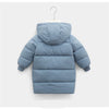 A light blue kids' thick cotton-padded parka jacket with a hood hanging on a hanger.