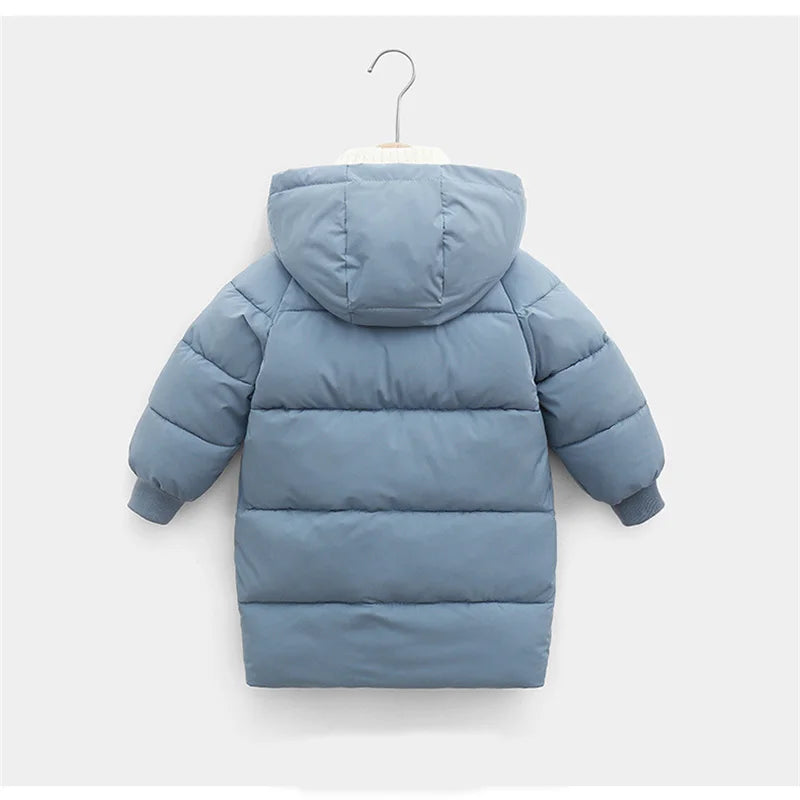 A light blue kids' thick cotton-padded parka jacket with a hood hanging on a hanger.