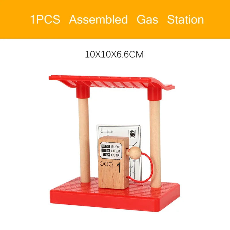 1 piece assembled gas station model featuring a wooden structure and red base