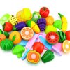 A colorful set of pretend play food toys including fruits and vegetables for kids.