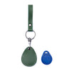 A dark olive green leather key wallet with a loop and a blue tag is shown against a white background.