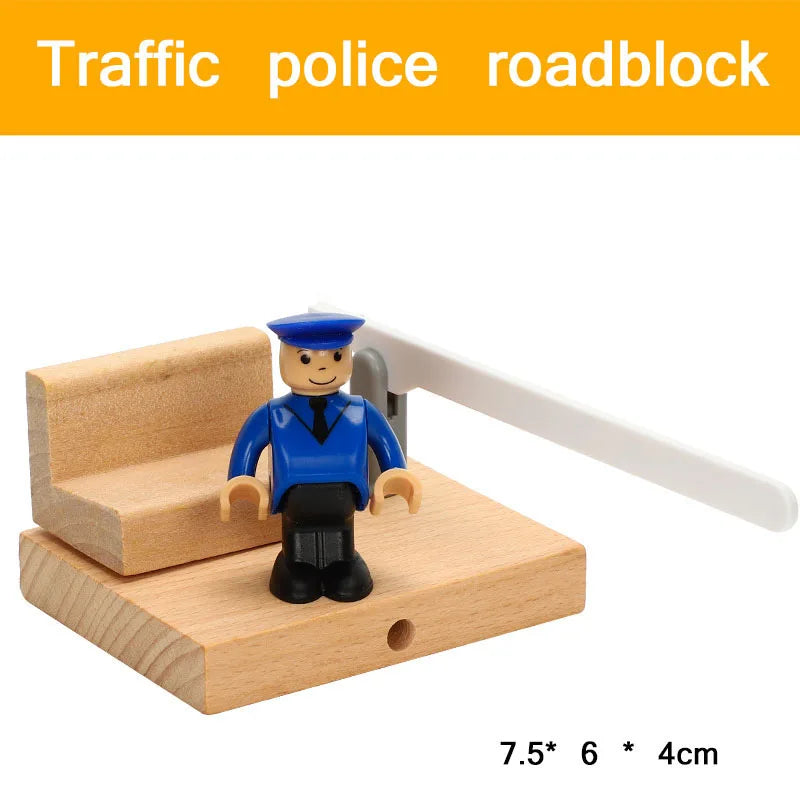 A wooden figurine of a traffic police officer is shown on a wooden train track accessory.