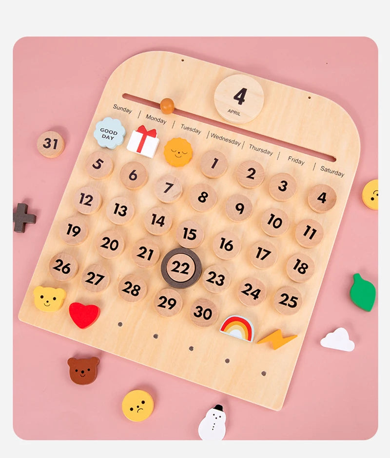 A wooden daily calendar board showing the month of April with numbered days and various small icons for learning.