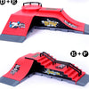 A red and black finger skateboard park set featuring ramps and a board.