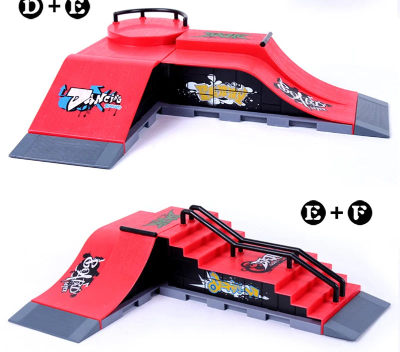 A red and black finger skateboard park set featuring ramps and a board.
