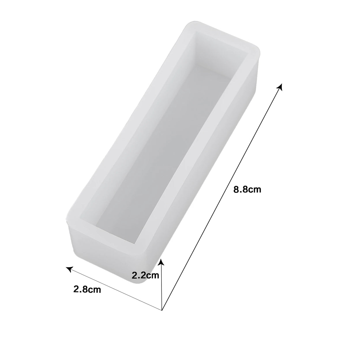 A white rectangular geometric resin casting mold with dimensions 8.8cm long, 2.2cm high, and 2.8cm wide.