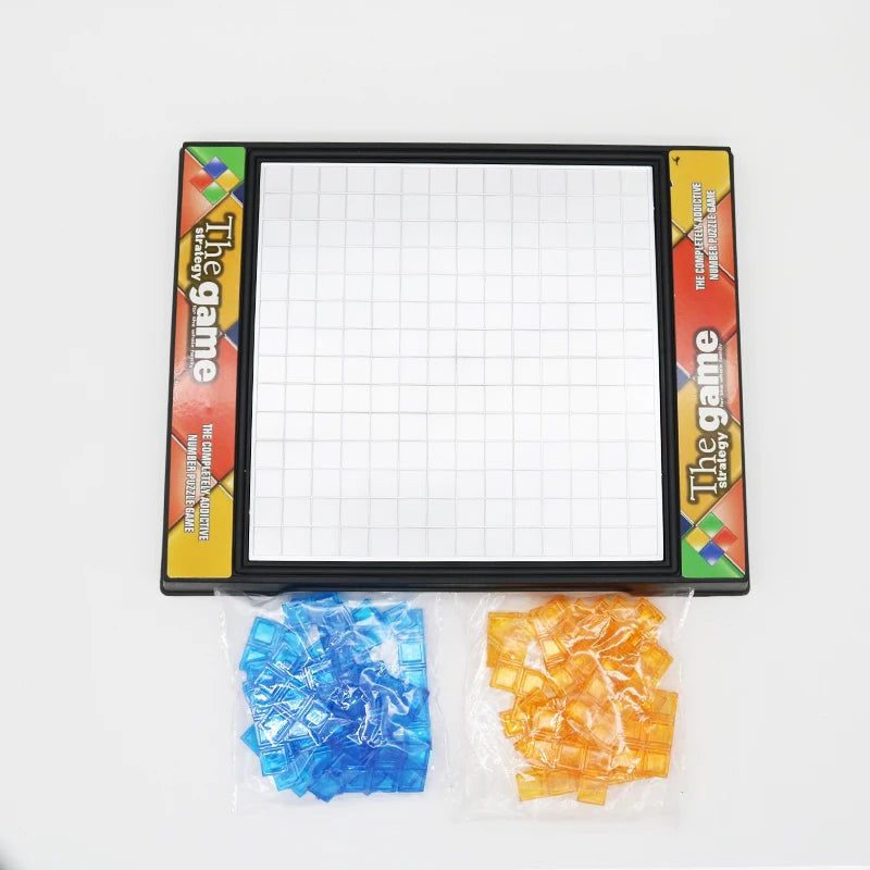 A strategy game board set with a grid, and two bags of colored plastic blocks.
