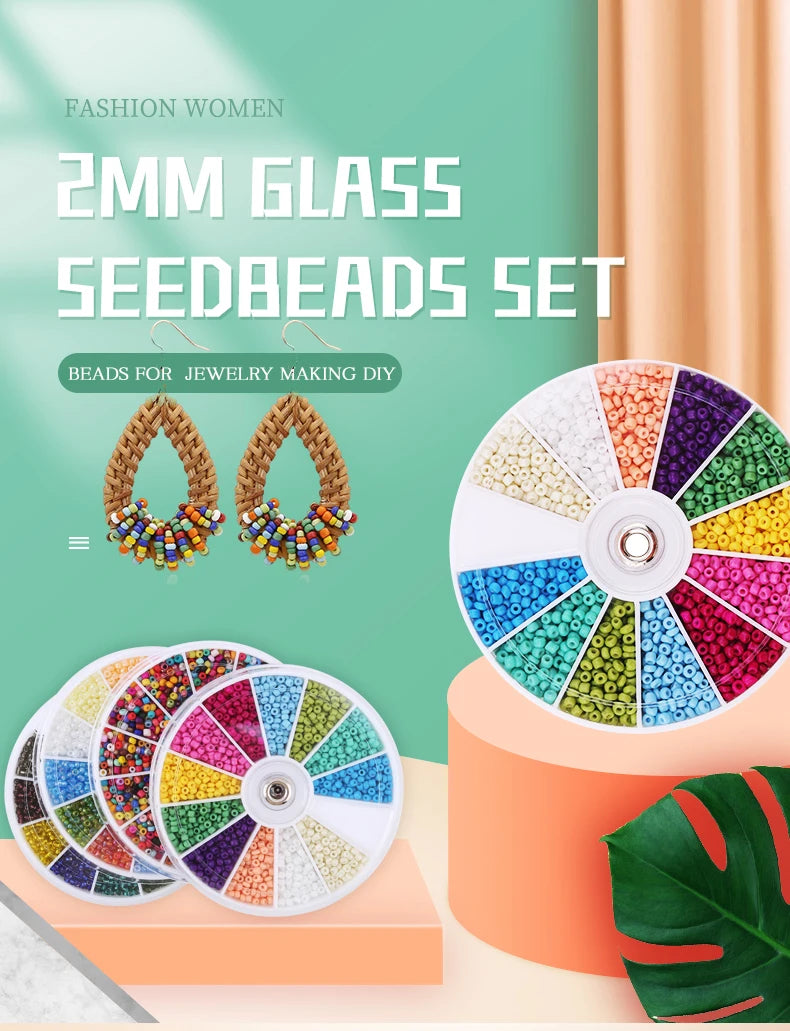 A set of 2mm glass seed beads in various colors displayed on a white circular plate for jewelry making