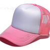 A pink and white trucker hat with a mesh back and a pink brim.