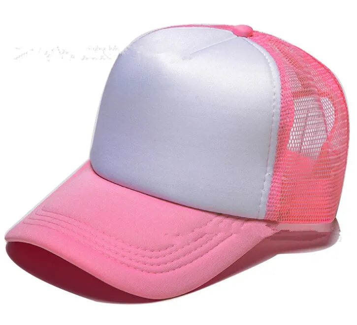 A pink and white trucker hat with a mesh back and a pink brim.
