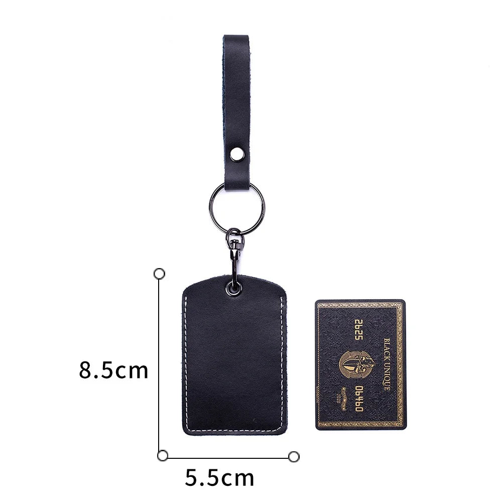 Black vintage cowhide leather key wallet with card holder and lanyard