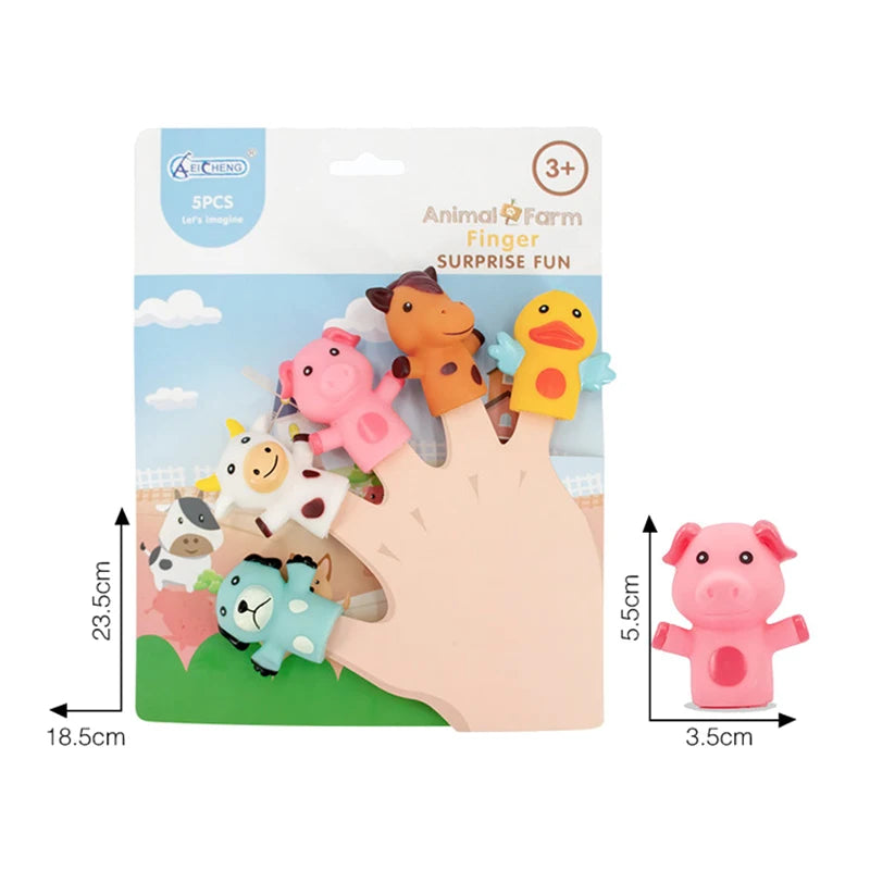 A set of five pink and orange animal finger puppets for children's storytime fun