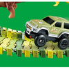 A green and black toy dinosaur LED Flexi-Track racing car is positioned on a yellow track surface.