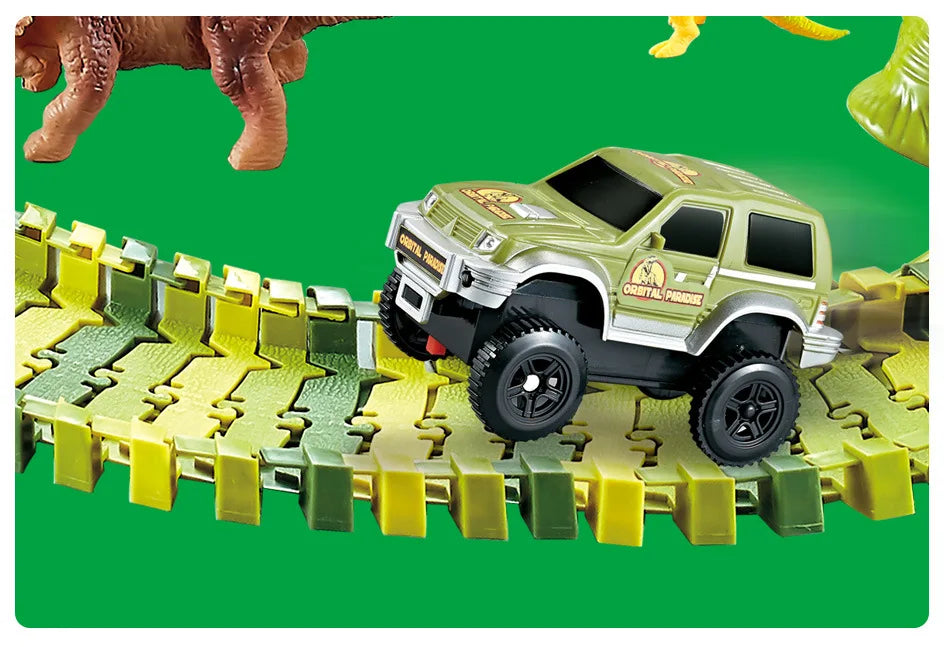 A green and black toy dinosaur LED Flexi-Track racing car is positioned on a yellow track surface.