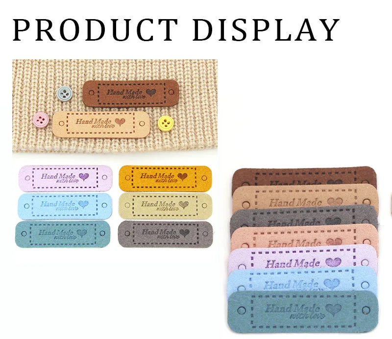 A display of various leather-style handmade with love tags in different colors and designs for crafts and sewing.