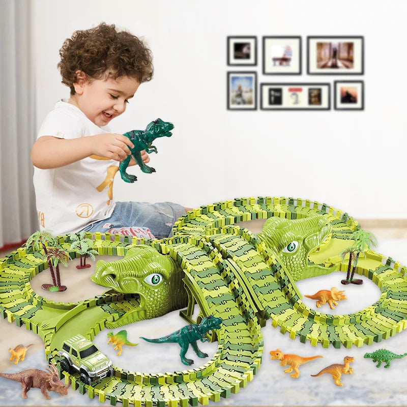 A child plays with a green dinosaur LED Flexi-Track racing car set featuring various dinosaurs on a track.