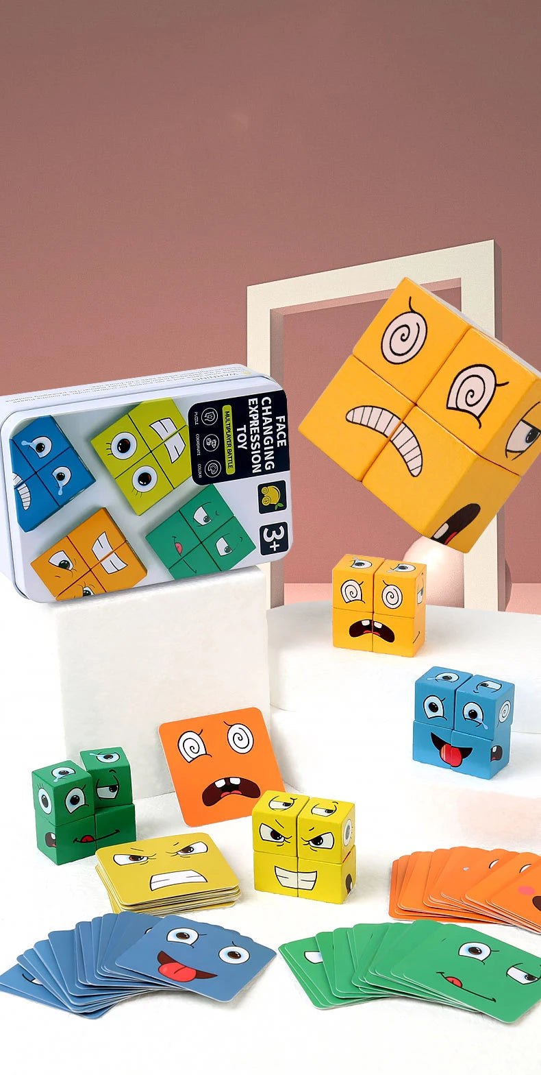A set of wooden face-changing cube puzzle toys in various colors and shapes displayed on a white surface.