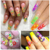 A collection of colorful polymer clay slice sprinkles used for slime and DIY crafts displayed on fingernails.