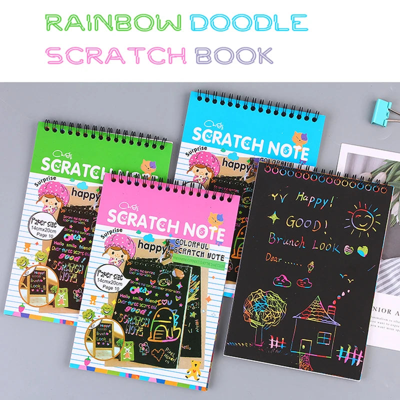 Rainbow Scratch Art Paper Notebook with Wooden Stylus - 12 Sheets of Colorful Doodle Fun