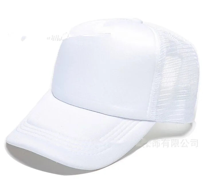 White trucker hat with a front mesh panel and a curved brim.