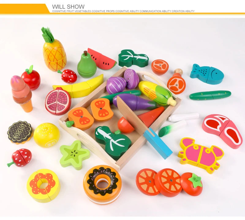 A wooden magnetic fruit and vegetable cutting play set featuring various colorful fruits and vegetables.