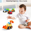 A baby is interacting with a 4-piece kawaii mini construction vehicle toy set, demonstrating modeling cognition and hand move