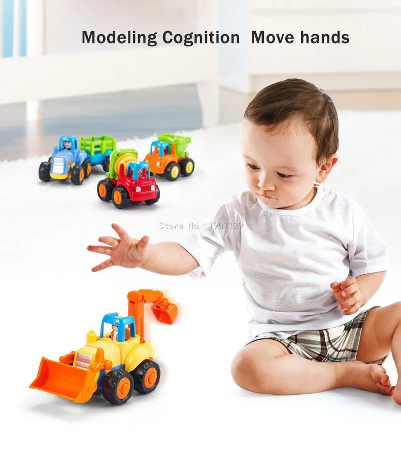 A baby is interacting with a 4-piece kawaii mini construction vehicle toy set, demonstrating modeling cognition and hand move