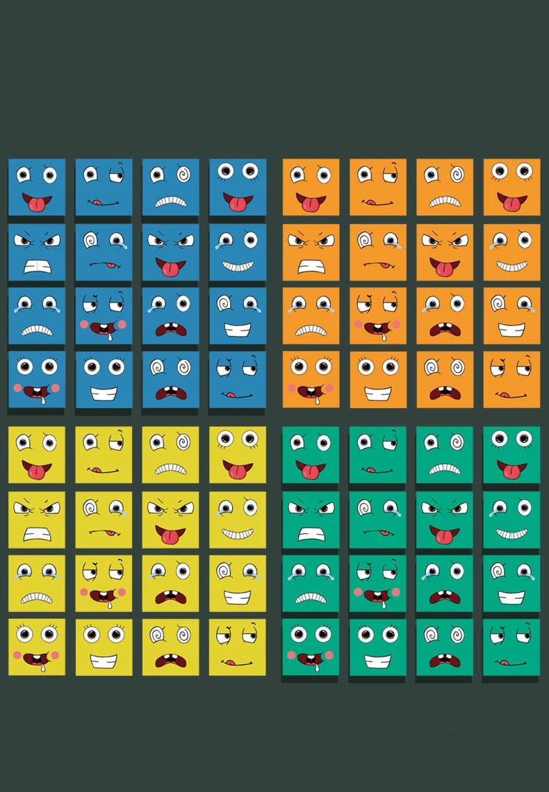 A grid of cartoon faces showing various emotions and expressions on wooden blocks.