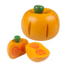 A set of magnetic wooden fruit and vegetable cutting toys, featuring an orange-colored fruit with a green top and an orange-c