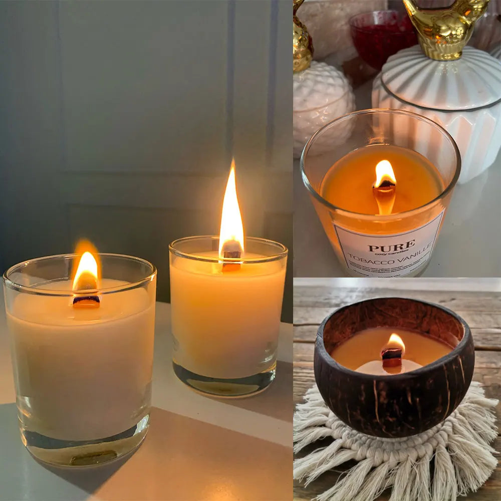 A glass candle with a lit flame sits next to a double-sided sticker for candle wick centering.