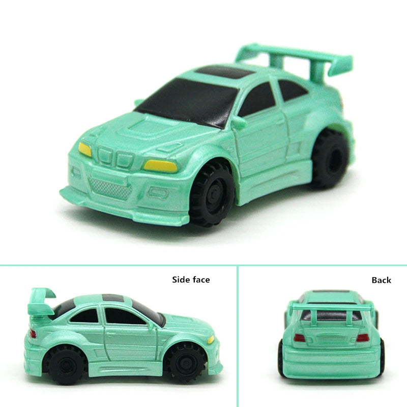 A light green line-following robot car toy with black accents shown from the side and back.