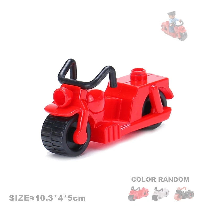 Red city traffic building block set featuring a vehicle and trailer with black wheels