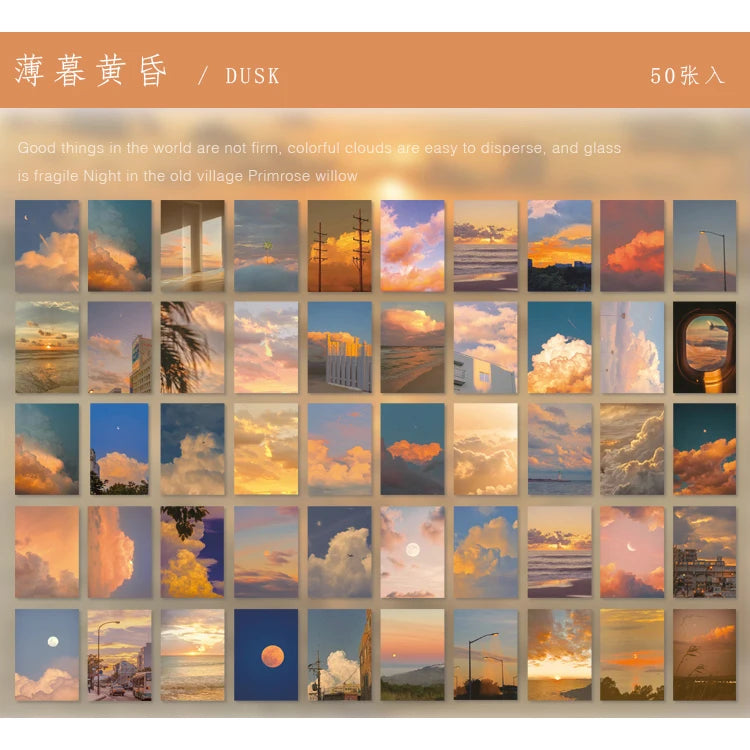 A collection of 50 aesthetic landscape stickers featuring various natural scenes, clouds, sunsets, and atmospheric light.