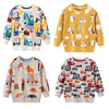 A collection of four kids' pullover sweatshirts featuring various dinosaur and animal prints in pastel and yellow tones.