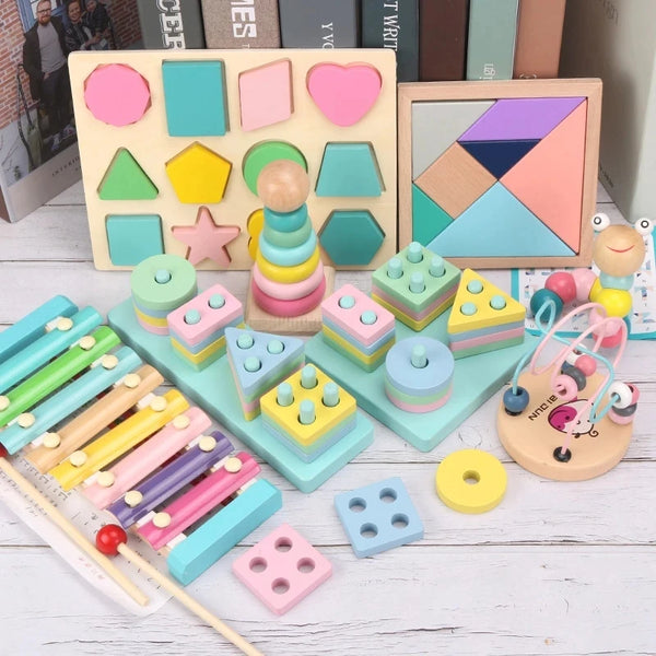 A collection of colorful wooden Montessori sensory blocks and a music rattle arranged on a white surface.