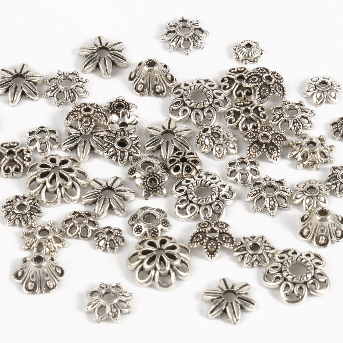 Silver Tibetan style hollow flower bead caps for jewelry making