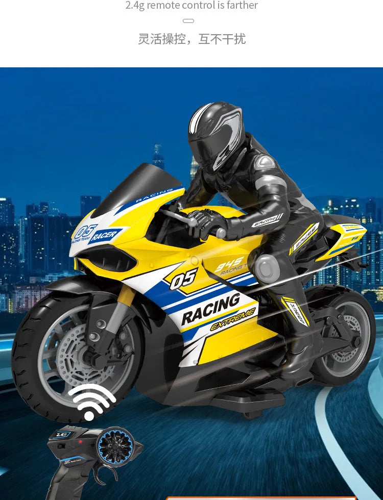 A yellow and black 1:10 scale remote control stunt motorcycle is shown in a dynamic pose against a city skyline backdrop.
