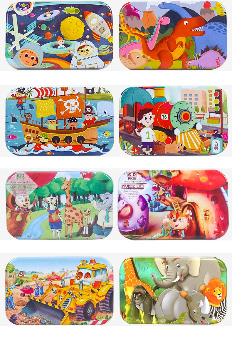 Wooden Jigsaw Puzzle Set for Kids - 60 Pieces of Cartoon Vehicles & Animals