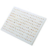 A flat white display shows 100 pairs of assorted acrylic stud earrings including hearts, stars, and moons.